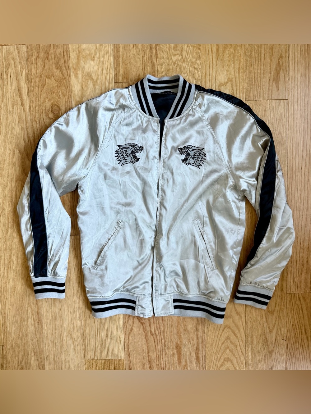 PacSun Reversible Souvenir Bomber Jacket Wolf Eagle Tattoo Embroidered Oversized